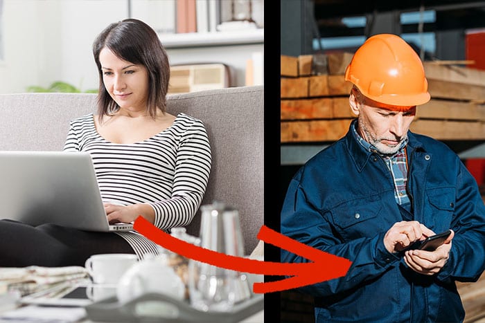 senior builder in helmet using smartphone outside on construction